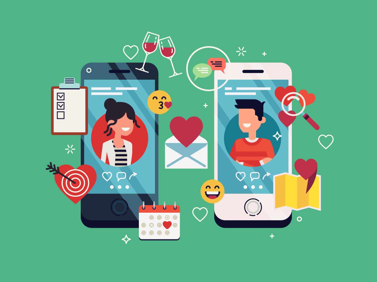 Cartoon of a man and a woman's online dating profiles on two mobile phones surrounded by various dating feature icons