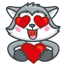 Animation of wolf holding a heart, with pink cheeks and with hearts over his eyes
